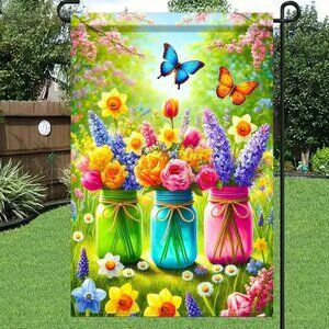 Charming Butterfly & Floral Vase Garden Flag